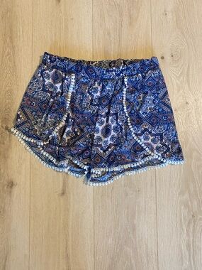 just be Blue Mosaic Pom-Pom Trim High-Waist Shorts